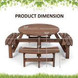 Tangkula 8 Person Cedar Wood Picnic Table, Outdoor Round Picnic Table with 4 Built-in Benches, Umbrella Hole