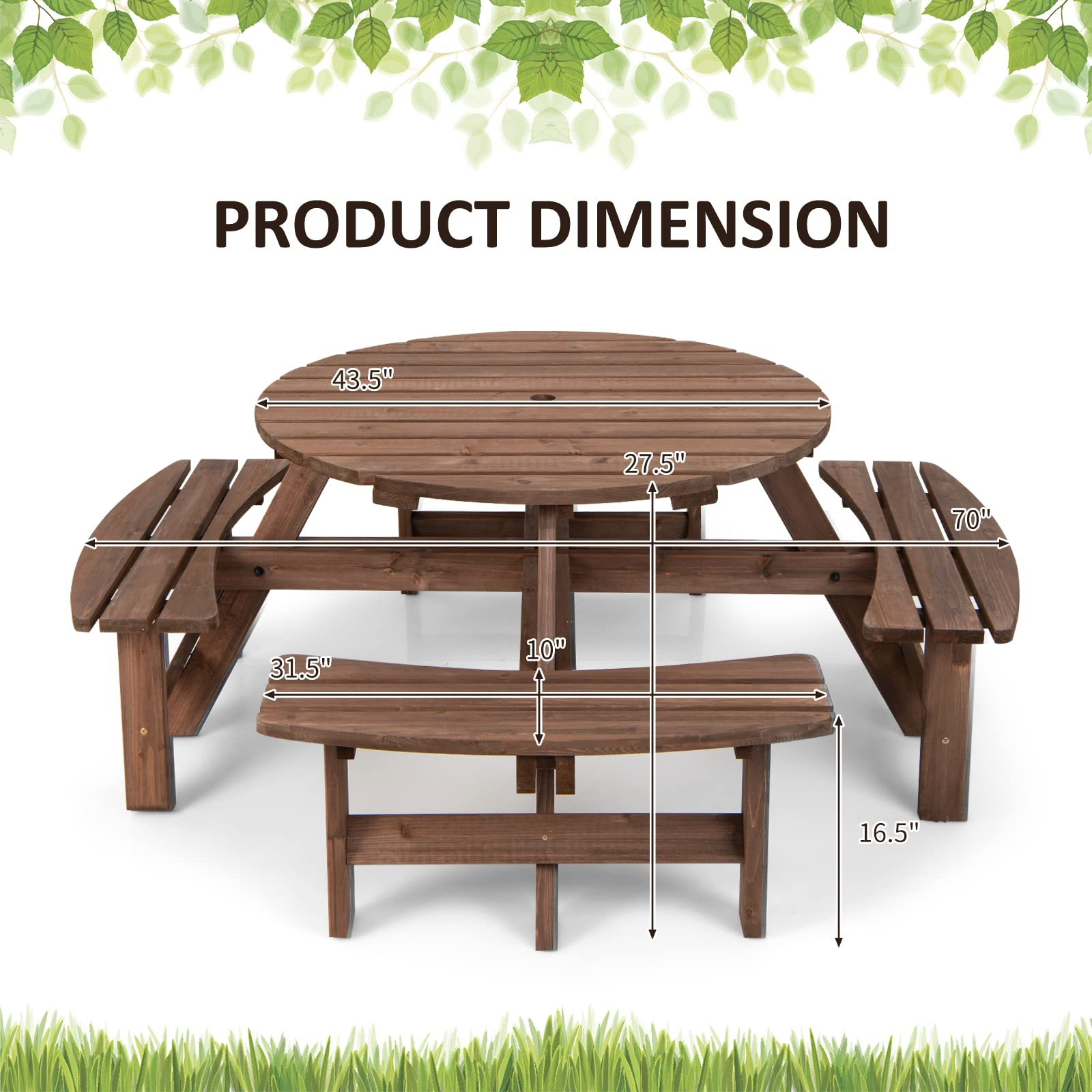 Tangkula 8 Person Cedar Wood Picnic Table Outdoor Round Picnic