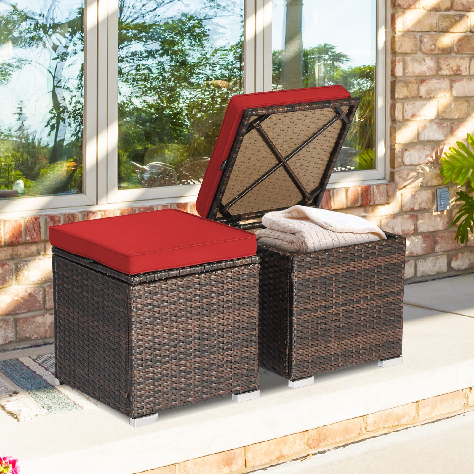 Tangkula 2 Pieces Patio Ottomans, Patiojoy Hand-Woven PE Rattan Side Table with Removable Cushion & Hidden Storage Space