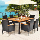 Tangkula 7 Pieces Patio Rattan Dining Set, Outdoor Conversation Set w/Acacia Wood Tabletop & Umbrella Hole, Stackable Chairs w/Soft Cushion