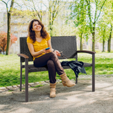 Tangkula Outdoor Stackable Bench, All-Weather PE Wicker Loveseat with Acacia Wood Armrests