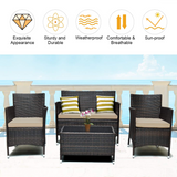 Tangkula 4-PCS Patio Rattan Conversation Set, Outdoor Wicker Furniture Set with Tempered Glass Coffee Table &Thick Cushion