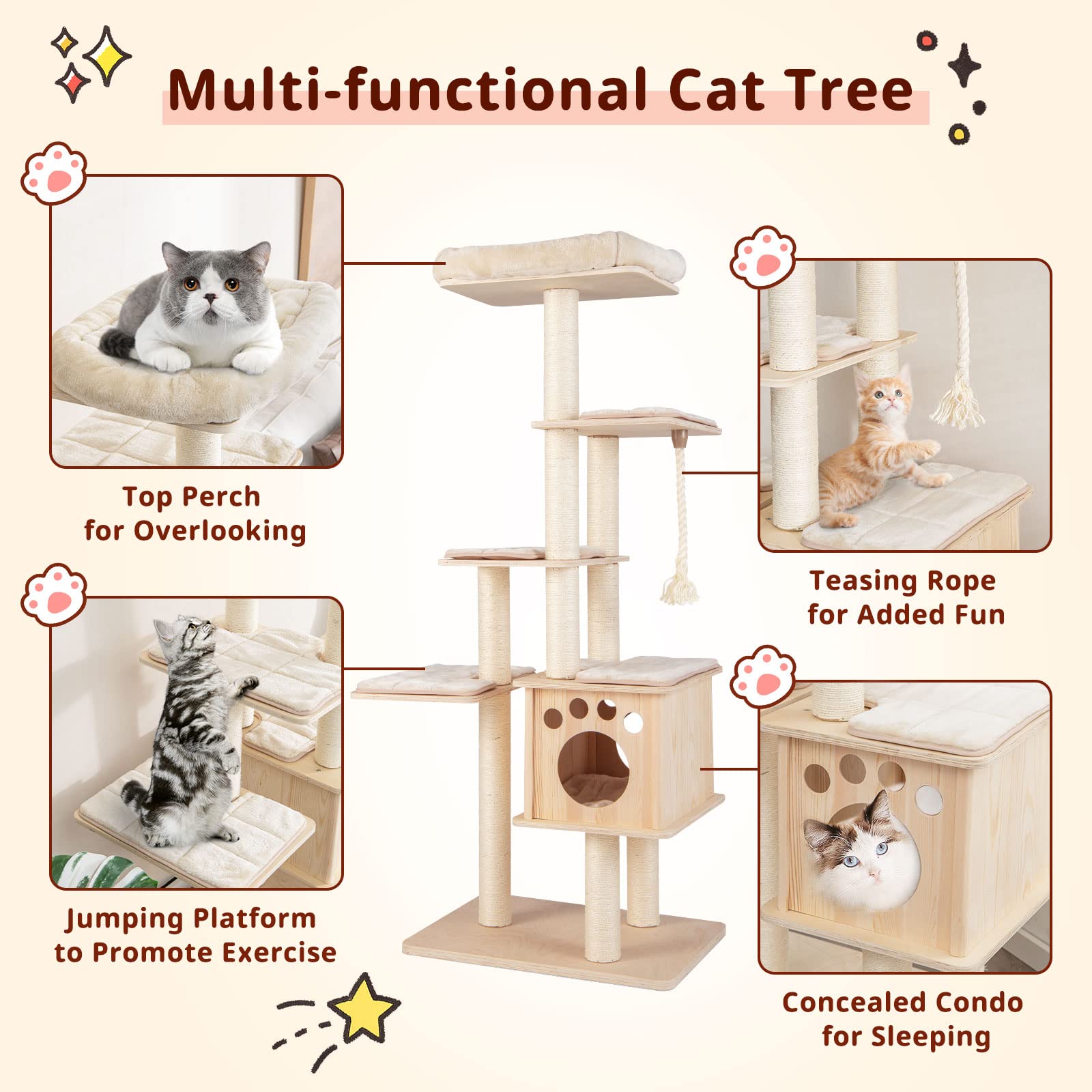 Tangkula Modern Wood Cat Tree, 67 Inch MultiLevel Tall Cat Tree Tower
