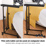 Tangkula Rolling Height Adjustable C Table, Mobile End Table with Detachable Wheels, Side Basket and Bottom Mesh Storage