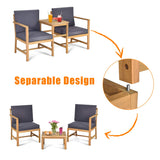 Tangkula 3 in 1 Acacia Wood Loveseat with Separable Coffee Table, 3-Piece Wooden Chairs Set with Cushions