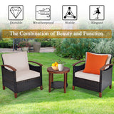 3 Pieces Patio Furniture Set, Outdoor Rattan Sofa and Side Table w/Solid Acacia Wood Frame