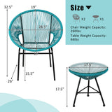 3 Piece Outdoor Patio Furniture Set, Acapulco Chair Set w/Plastic Rope, Tempered Glass Table