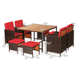 Tangkula 9 Pieces Acacia Wood Patio Dining Set, Space Saving Wicker Chairs and Wood Table with Umbrella Hole Outdoor Furniture Set