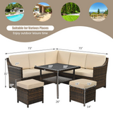 Tangkula Wicker Outdoor Dining Set, 6 Piece PE Rattan Wicker Sectional Corner Sofa Set with Dining Table, 2 Ottomans, Suitable for Garden