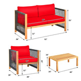 Outdoor Wood Furniture Set, Acacia Wood Frame Loveseat Sofa, 2 Single Chairs and Coffee Table