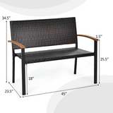 Tangkula Patio Wicker Bench, All Weather Rattan Bench w/Acacia Wood Armrest, Outdoor Loveseat Chair