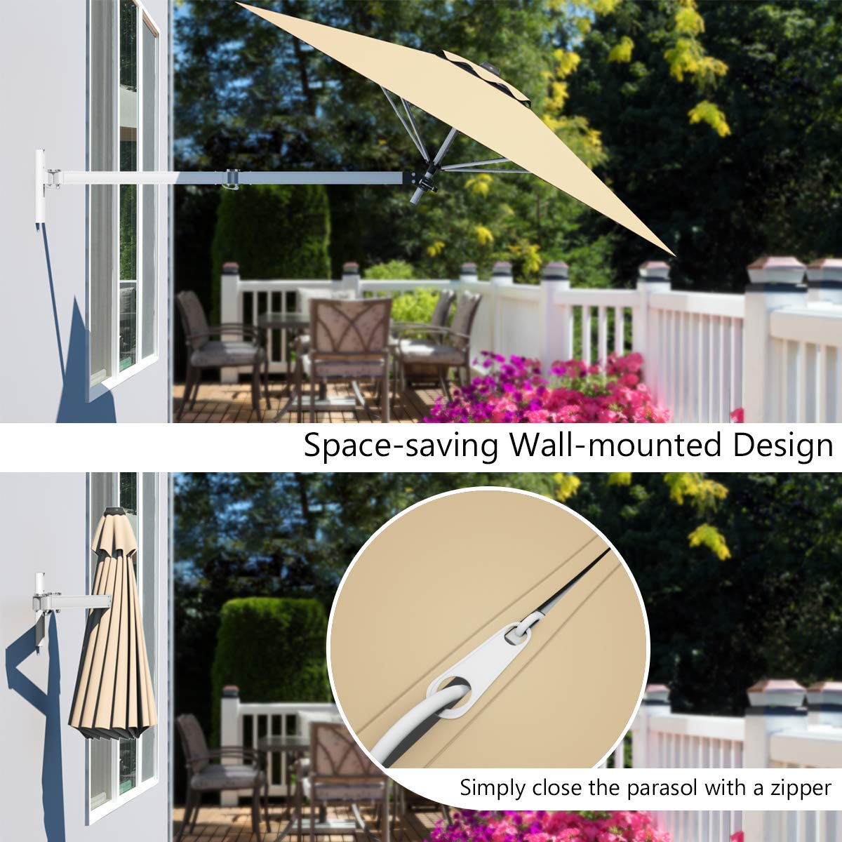 8 ft square patio umbrella Tangkula 8 ft Wall Mounted Patio Umbrella, Outdoor Wall Umbrella with Adjustable Pole, Tan