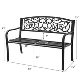 Outdoor Steel Garden Bench Park Bench, 50 Inch Patio Welcome Bench with Slated Seat & Floral Design Backrest