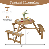 Tangkula 6 Person Wooden Picnic Table, Outdoor Round Picnic Table with 3 Built-in Benches