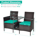 PE Wicker Outdoor Furniture Set, 2 Cushioned Seats and Tempered Glass Table