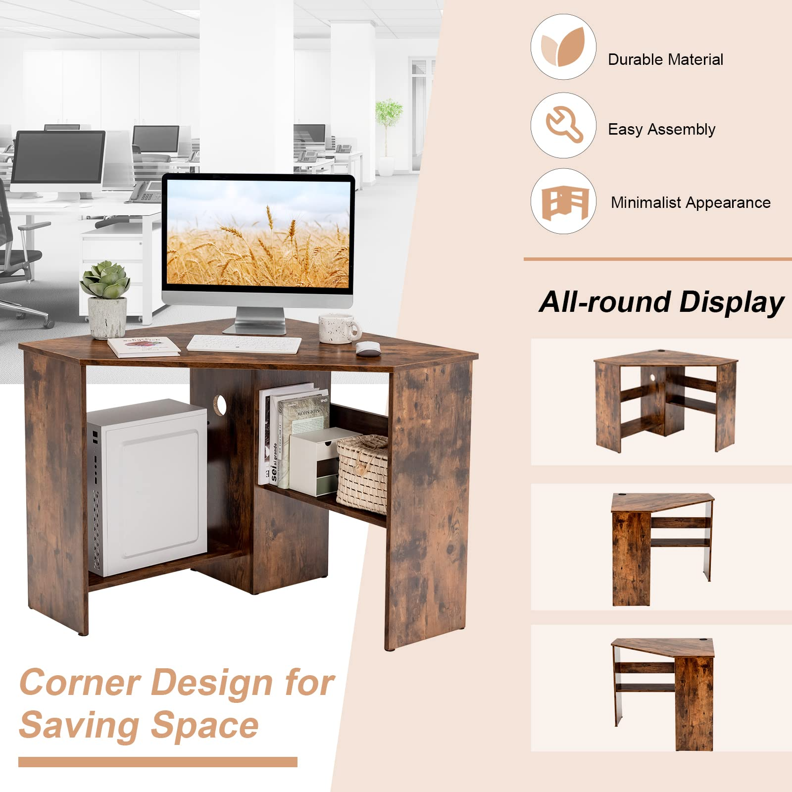 Triangle Top Computer Table Tangkula Corner Desk, 90 Degrees Triangle Corner Computer Desk for Sma ...