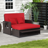 Tangkula Patio Rattan Daybed, Patiojoy Wicker Loveseat Sofa with 4-Postion Adjustable Backrest, Storage Ottoman, Cushions