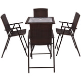 5 Pcs Patio Furniture Set Square Bar Glass Top Table and 4 Folding Chairs Wicker Outdoor