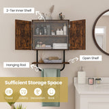 Tangkula Wall Mounted Bathroom Cabinet, 2 Doors Wooden Space Saving Medicine Cabinet with Open Shelf and Towel Bar