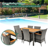 Tangkula 7 Pieces Outdoor Dining Furniture Set, Patio Rattan Conversation Set with Spacious Acacia Wood Table, 6 Chairs with Widened Armrests