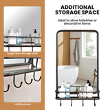 Tangkula Bathroom Mirror w/ Shelf & 4 Hooks, 33" x 19" Rectangle Vanity Mirror