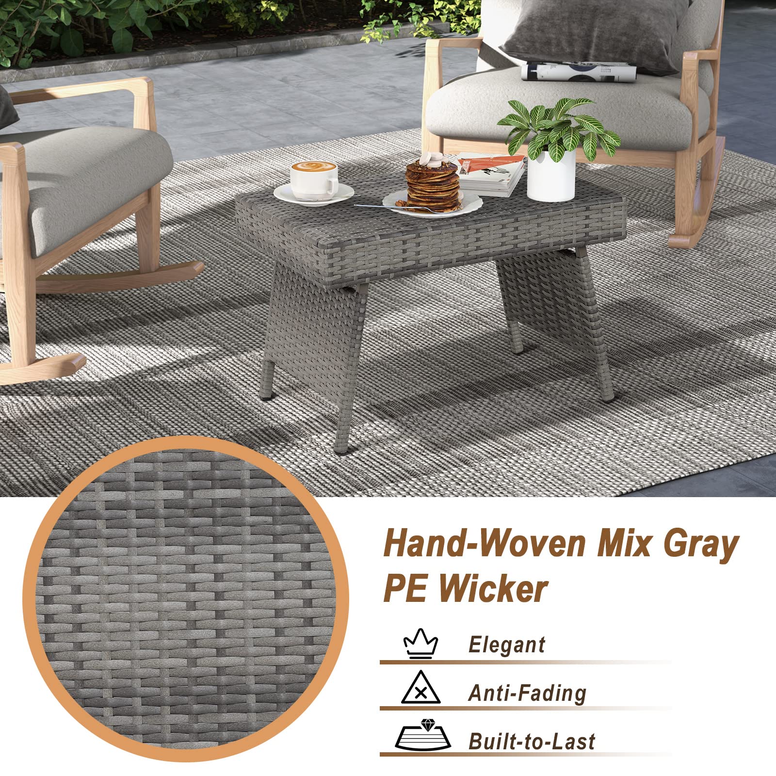 Outdoor Folding Rattan Side Table, Grey - Tangkula
