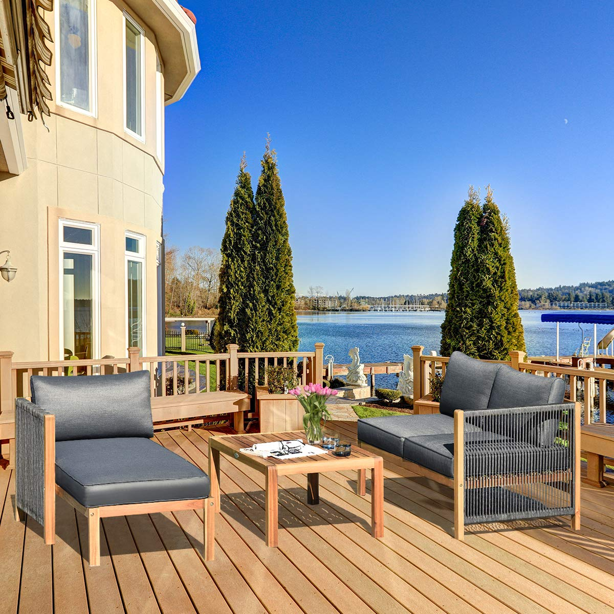 3-Piece L-Shaped Outdoor Furniture Acacia Wood Patio Set