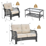 4 Pieces Outdoor Patio Furniture Set, Patiojoy PE Wicker Conversation Sofa Set with Tempered Glass Coffee Table