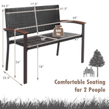 Tangkula Outdoor Stackable Bench, All-Weather PE Wicker Loveseat with Acacia Wood Armrests