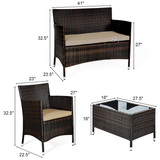 Tangkula 4-PCS Patio Rattan Conversation Set, Outdoor Wicker Furniture Set with Tempered Glass Coffee Table &Thick Cushion