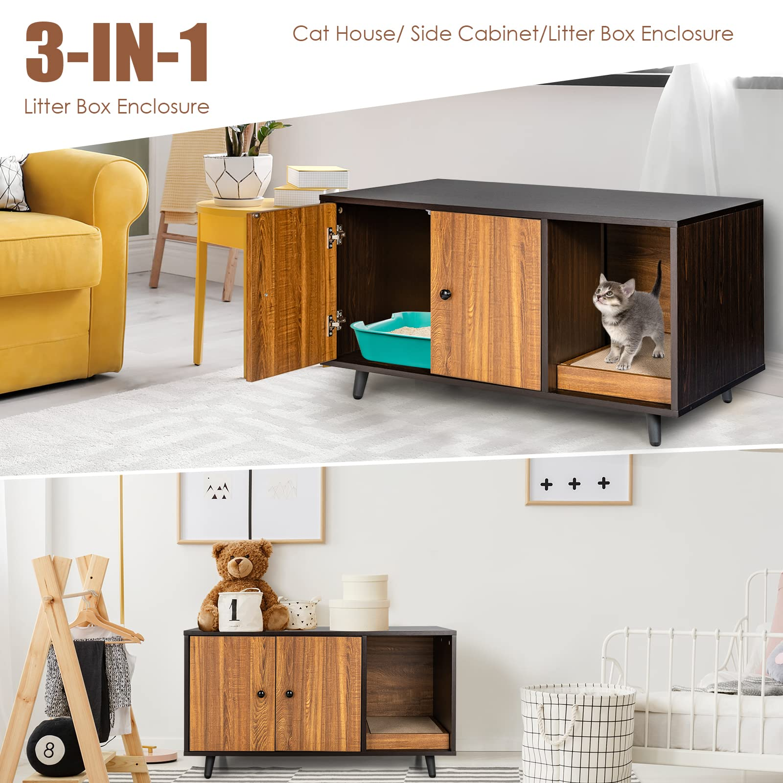 Cat Litter Box Enclosure, Cat Washroom W/Divider - Tangkula
