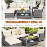 Tangkula 4 Pieces Rattan Conversation Set, Patiojoy Outdoor Furniture Set with Cushions, Lounge Sofa Set with Coffee Table