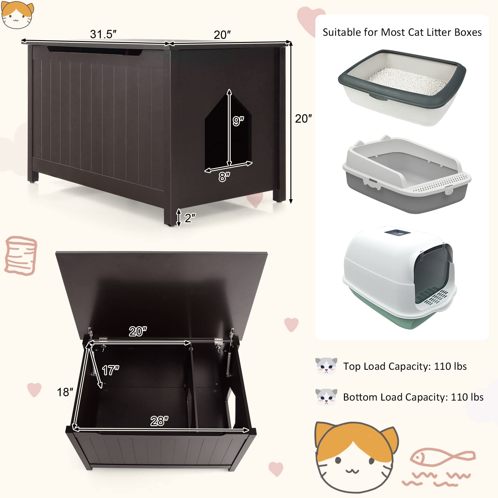 Tangkula Cat Litter Box Enclosure, Flip Top Hidden Cat Washroom with R