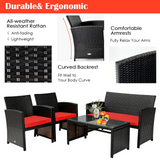 Tangkula 4 Pieces Rattan Furniture Set, Outdoor Conversation Set w/Chair & Loveseat & Tempered Glass Coffee Table