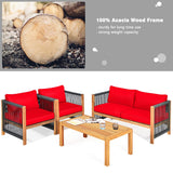 Outdoor Wood Furniture Set, Acacia Wood Frame Loveseat Sofa, 2 Single Chairs and Coffee Table
