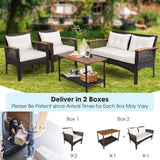 Tangkula 4-Piece Patio Furniture Set, Patiojoy Acacia Wood Outdoor PE Wicker Conversation Set with Cushions (Off White)
