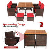Tangkula 9 Pieces Acacia Wood Patio Dining Set, Space Saving Wicker Chairs and Wood Table with Umbrella Hole Outdoor Furniture Set