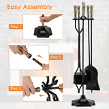 Tangkula 5-Piece Fireplace Tool Set, Heavy Duty Fire Wood Tool Set with Tong, Brush, Shovel, Poker, Stand