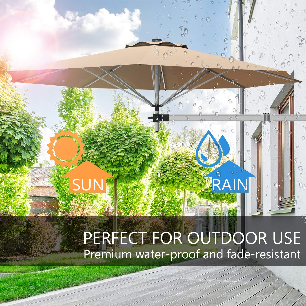 8 foot offset patio umbrella Tangkula 8 ft Wall Mounted Patio Umbrella, Outdoor Wall Umbrella with Adjustable Pole, Tan