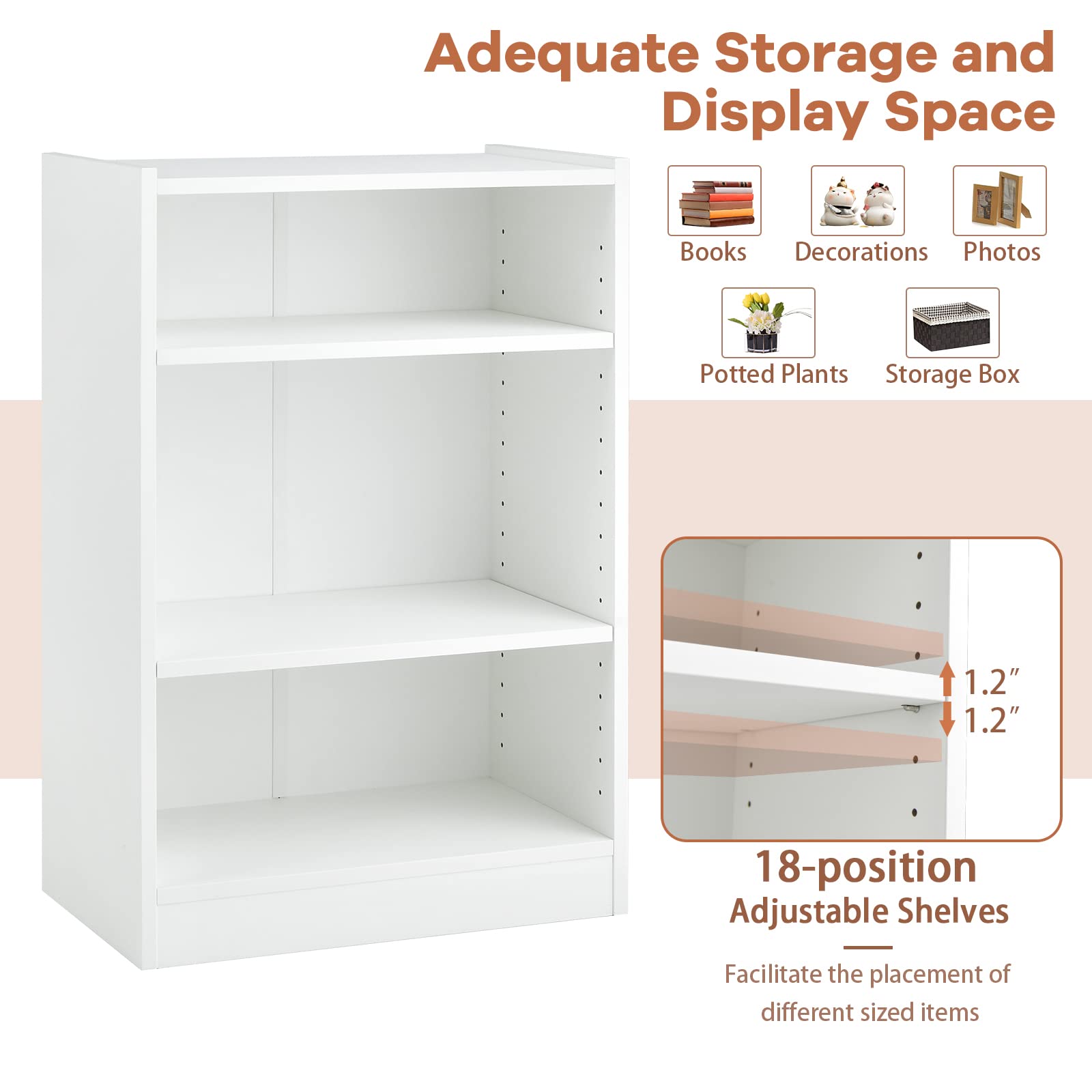 3 Tier Bookcase, Floor Standing Open Bookshelf with 18-Position Adjustable Shelves - Tangkula