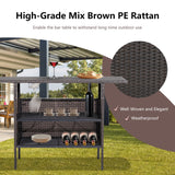 Tangkula Outdoor Wicker Bar Table with 2 Metal Mesh Shelves & 2-Rail Steel Stemware Racks(Mix Brown)