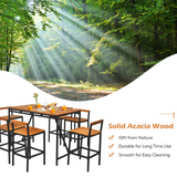 7-Piece Outdoor Acacia Wood Bar Set, Patiojoy Outdoor Rattan High-Dining 6 Bar Stools and 1 Rectangular Table with Umbrella Hole
