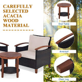 3 Pieces Patio Furniture Set, Outdoor Rattan Sofa and Side Table w/Solid Acacia Wood Frame