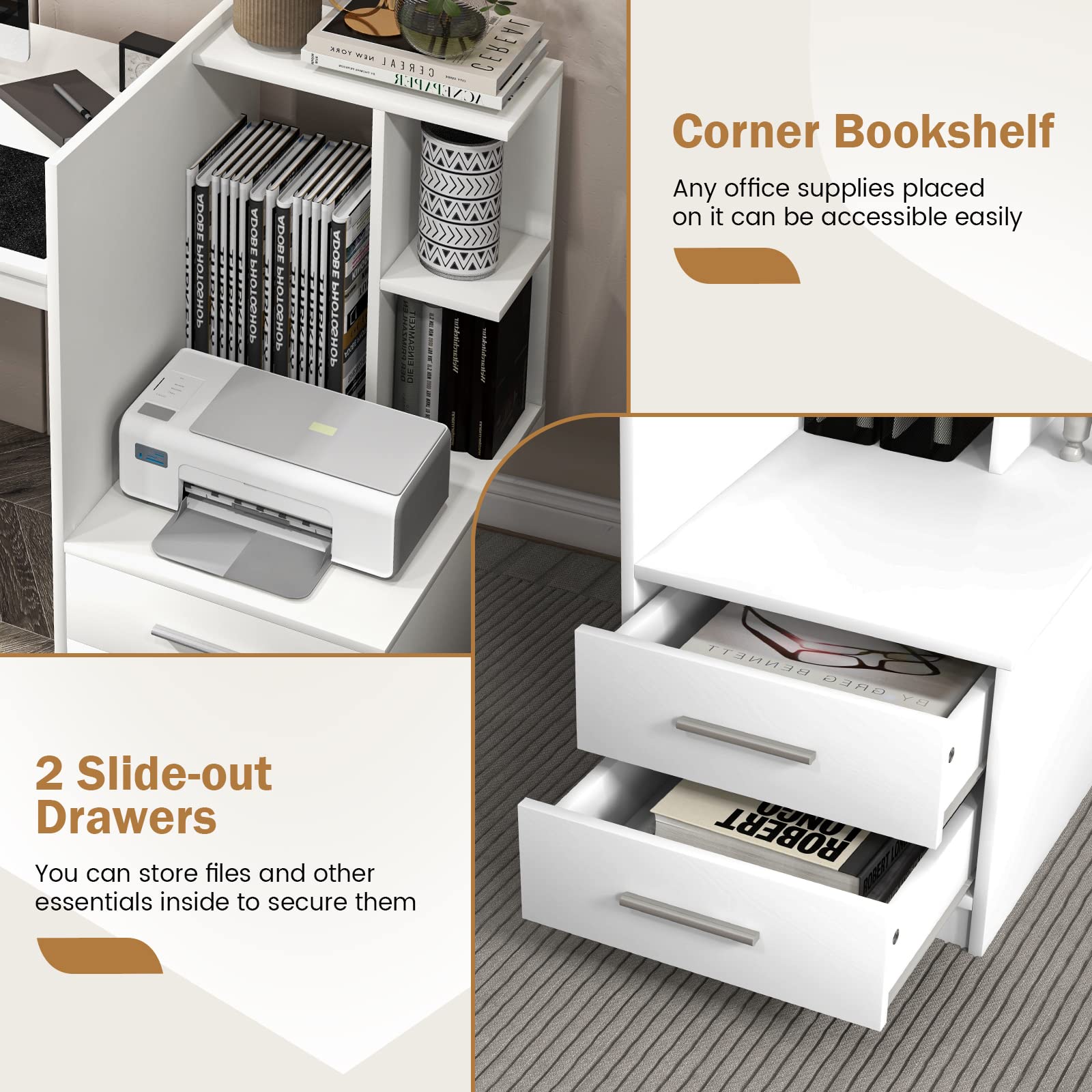 White Desk with 2 Storage Drawers & Bookshelf - Tangkula