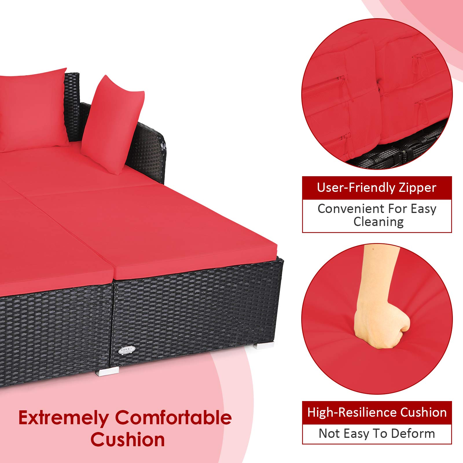 Outdoor Rattan Daybed, Red - Tangkula