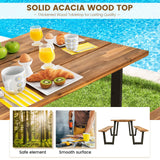 Tangkula Picnic Table with 2 Benches, Outdoor Acacia Wood Picnic Table Bench Set with 2-Inch Umbrella Hole