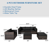 6 Pieces Patio Rattan Sectional Furniture Set, Outdoor Wicker Conversation Set with Glass Coffee Table Sofa Ottoman