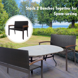 Tangkula Outdoor Stackable Bench, All-Weather PE Wicker Loveseat with Acacia Wood Armrests