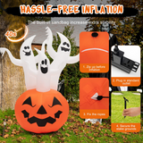 Tangkula 6 FT Inflatable Halloween 3 White Ghosts with Pumpkin, Blow-up Yard Decoration with Built-in LED Lights & Rotating Lamp