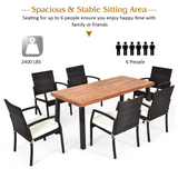 Tangkula 7 Pieces Outdoor Dining Set, Acacia Wood Patio Dining Table w/ 6 Cushioned Rattan Armrest Chairs